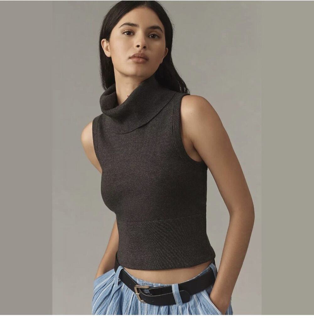 Pilcro Sleeveless High Neck Knit Sweater Tank Anthropologie NEW Size Large Gray